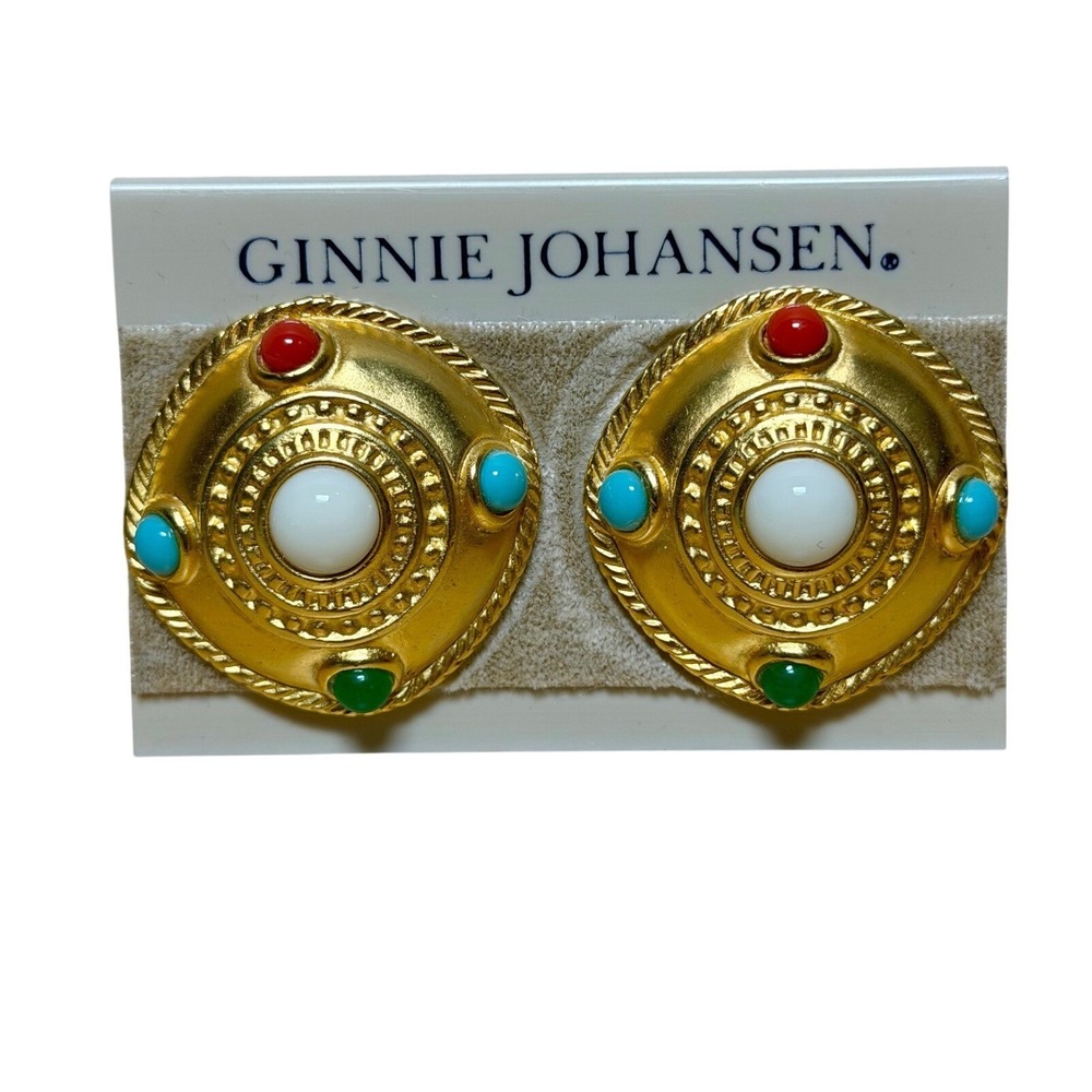 Vintage Ginnie Johansen Gold Egyptian Revival Clip On Earrings Faux Turquoise